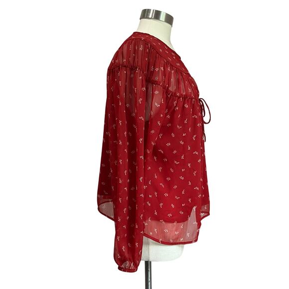 Old Navy Tie Front Red Floral Chiffon Long Sleeve Boho Blouse Sz L - Picture 4 of 9